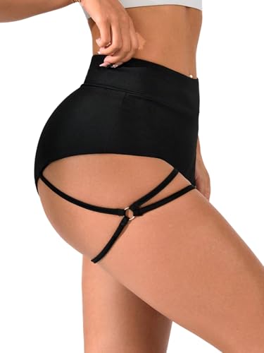 GORGLITTER Damen Shorts Hohe Taille Sommershort Modern Minishorts mit Kreuzdetail Super Kurze Hose Fitnesshorts Clubwear Hotpants Festival Short Schwarz S
