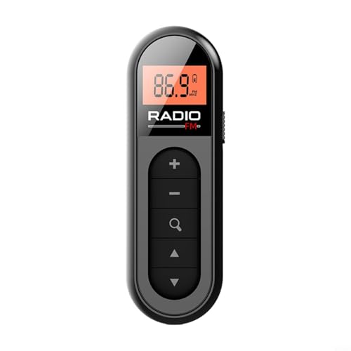 CashMuch FM compacto con pantalla LCD iluminada y entrada auxiliar para senderismo, camping, deportes, tamaño de bolsillo para cuerpo ABS, incluye auriculares, negro y blanco (blanco)