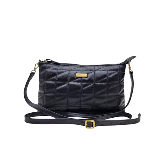 Bolsa Feminina Couro Legítimo Transversal Bolso Interno Bordada Matelassê (Preto)