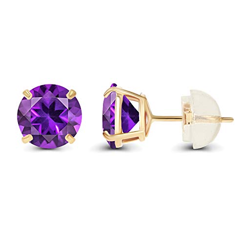 Genuine 14K Solid Yellow Gold 6Mm Round Natural Purple Amethyst February Birthstone Stud Earrings #TOP1