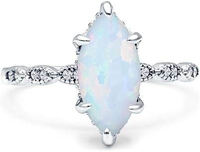 OMRANII Lab Created White Opal Size-5 Art Deco Marquise Shape Vintage Solitaire Hidden Halo Engagement Ring 925 Sterling Silver