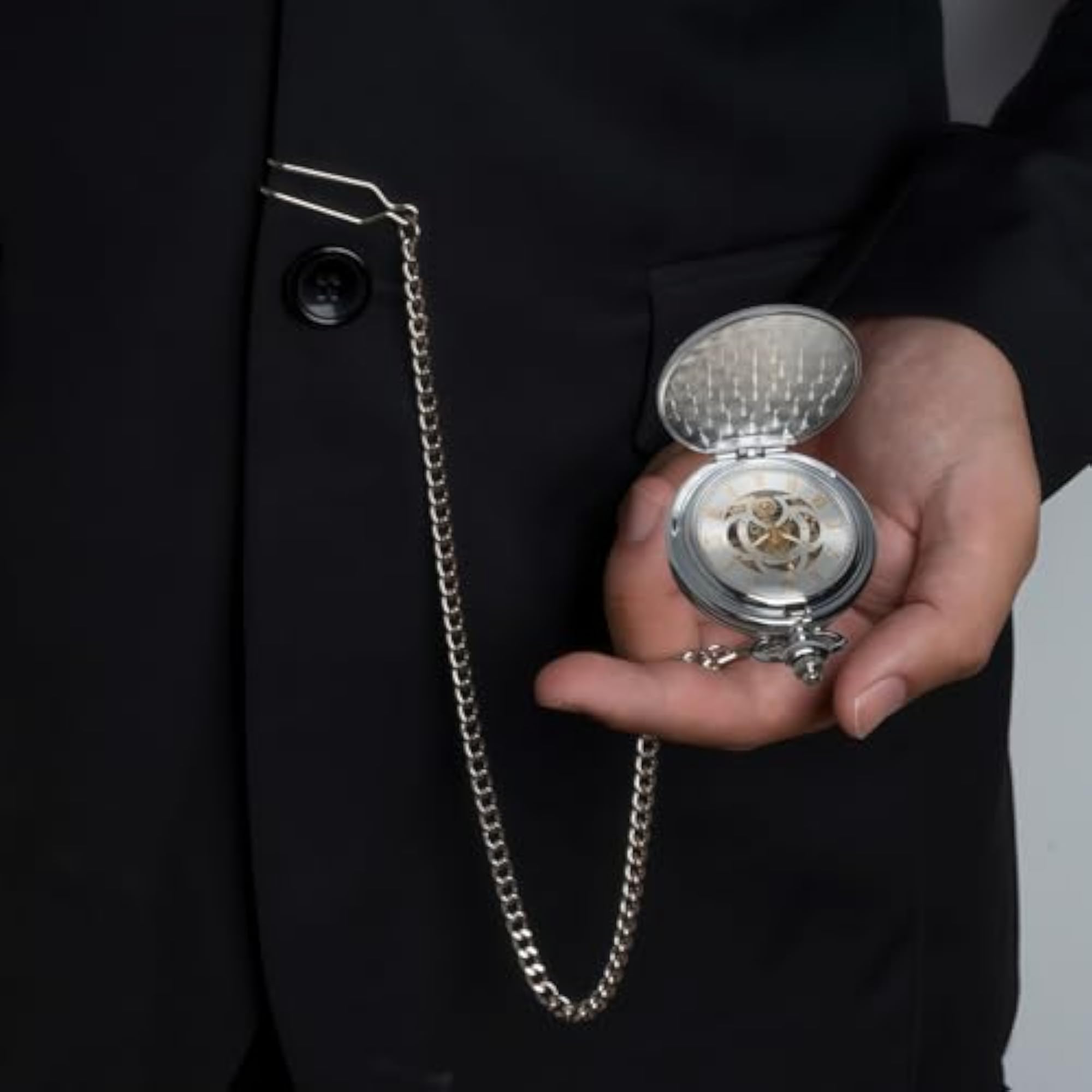 Retro Silver Mechanical Pocket Watch with Chain, Gift for Him
