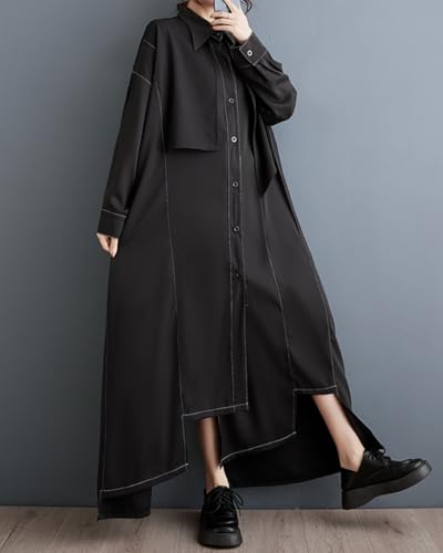 ellazhu Women's Shirt Dress Lapel Button Down Long Sleeve Solid Irregualr Hem GZ602 A2