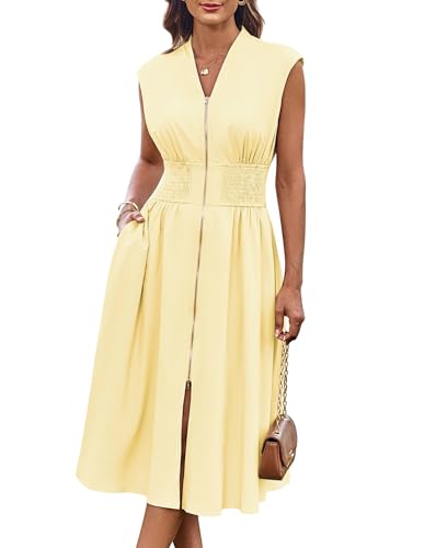 Image of GRACE KARIN Work Dress for Women Summer Sleeveless Smocked Waist Zipper Dress Business Casual Outfits Light Yellow S
