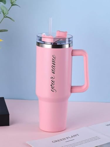 Image of SKDBPM Personalized Stainless Steel Tumbler with Handle, 1200ml Capacity, Black Insulated Travel Mug with Straw, Custom Name Design (Pink (3rd Generation))