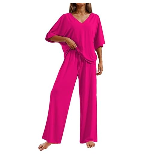 Ekouaer Conjunto de pijama feminino de 2 peças, blusa de manga curta e calça longa, macio, confortável, roupa de dormir P-2GG, rosa, G