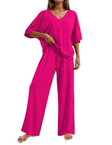 Image of Ekouaer Pajama Sets for Women 2 Piece Lounge Set Short Sleeve Tops and Long Pants Soft Comfy Pjs Sleepwear Outfits S-XXL
