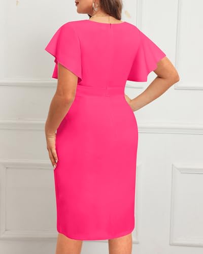 Image of Pinup Fashion Plus Cocktail Wedding Guest Church Work Bodycon Knee Dress | Knit fabric, v-neck, short ruffle sleeves, ruched design, pencil silhouette, knee length, wedding guest, church, cocktail