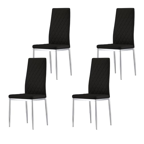 Nera Dining Chairs Set of 4 Faux Leather Chrome Legs High Back Padded Seat Side Chairs for Living Room and Dining Room (Black/Chrome)