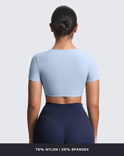 Image of Aoxjox Short Sleeve Crop Tops for Women Sienna Twist Deep V Workout Cropped T Shirt Top