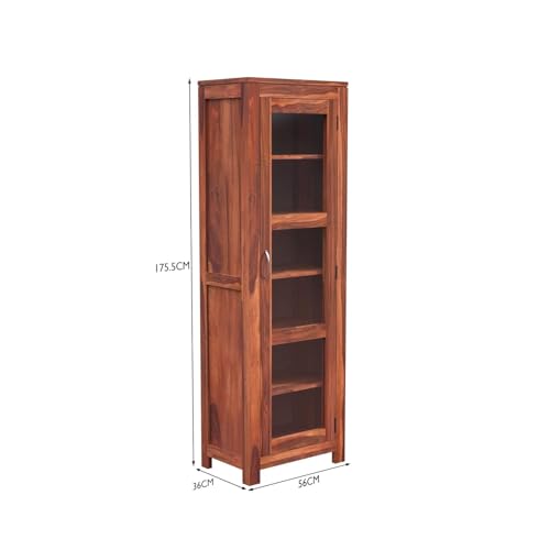 Image of Krishna Wood Decor Solid Sheesham Wooden Crockery Cabinet with Six Shelves | Display Cabinet with Acrylic Glass Door | Wooden Bookcase | Storage Rack for Living Room & Home | Honey Finish