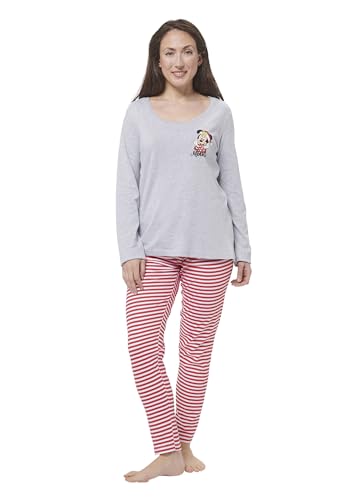 United Labels Disney Minnie Mouse Schlafanzug für Damen, Grau Rot, L, Pyjama Set lang, Schlafanzug Weihnachten