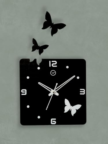 Image of cozyloom Butterfly Theme Square Acrylic Wall Clock | Modern 3D Decorative Wall Clock with Stylish Butterfly Design for Living Room, Bedroom, Office & Home Decor