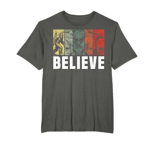 Believe Bigfoot Alien Loch Ness Monster Funny Retro Cryptids T-Shirt
