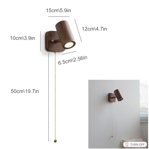 Lámpara de pared de noche de madera con interruptor de tirón y aplique ajustable para lectura 4