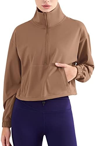 altiland Half Zip Pullover Cropped Jackets for Women Long Sleeve Workout Athletic Running Yoga Shirts (S, Cocoa Brown)