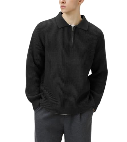 POHADON Men Quarter Zip Up Collared Neck Sweater Vintage Aesthetic Chunky Grandpa Grunge Clothes Fall Winter Korean Fashion