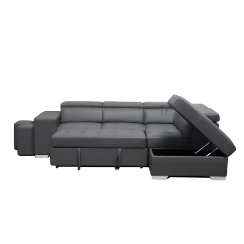 Grey Bonded Leather Settee - L Shape chase Left & Right Corner Sofa Bed -Living rooms Furniture With Storage And Stools & Ottoman (RIGHT HAND SIDE) - Image 8