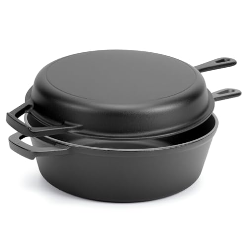 Consejos para Comprar Olla para estofados - los preferidos. 50 10.24' Olla de Hierro Fundido 2 En 1, Sarten Hierro Fundido Horno Holandés con Mango Largo, Cacerola de Doble Función, Sartén y Olla de Hierro Fundidos para Cocina y Acampada