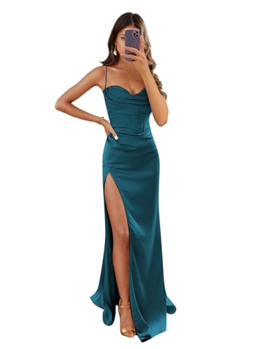 Image of Women's Mermaid Prom Dress with Slit Satin Bridesmaid Dresses Long Corset Evening Formal Party Gown