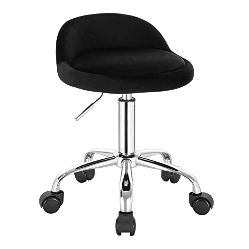 WOLTU Tabouret de Bureau, Tabouret Rond avec Dossier, Chaise d'Ordinateur Pivotante à roulettes, Tabouret Réglable en Hauteur Entre 43 et 54,5cm, Tabouret Coiffeuse, en Velours Noir BS127sz