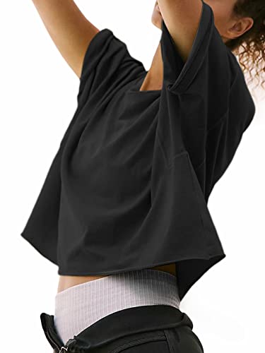 Women's Oversize Workout Crop Tops Short Sleeve Crewneck Drop Shoulder Boxy T Shirts Summer Casual Solid Basic Tees3