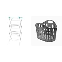 Ram® 3 Tier Deluxe Airer Foldable Heavy Duty Clothes Airer With 4 CORNER HOOKS And Sock Dryer 14M Airing Capacity & Addis Flat Easy Store Laundry Basket Hamper, Dark Grey, 38 Litre 518150