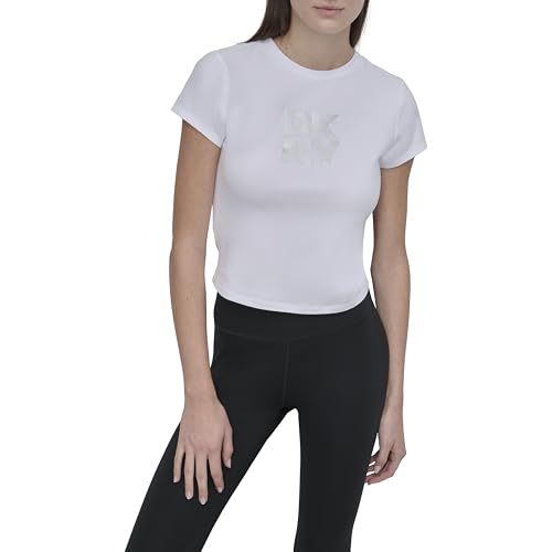 Image of DKNY Women's Foil Logo Short Sleeve Baby Tee, White/Silver, M