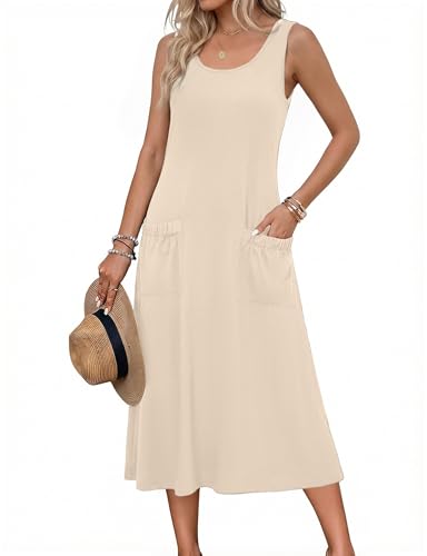Image of Zeagoo Womens Summer Midi Dresses 2026 Casual Sleeveless Tank Sundresses A Line Crewneck Beach Vacation Dress with Pockets