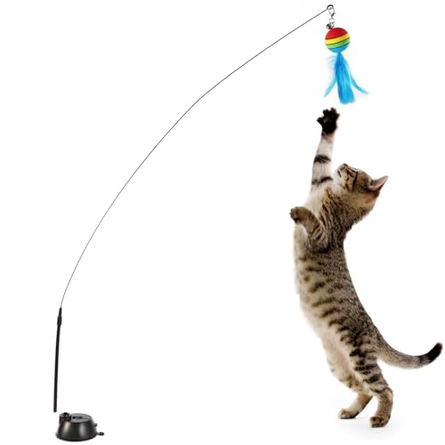 pclapora Gioco Gatto, Giochi con Piume per Gatti Bacchette, Gioco per Gatti con Base a Ventosa, Giocattoli Interattivi per Esercizio Interno, per Gatto Esercizio Attività e Divertimento