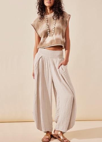 chouyatou Women's Summer Casual Smocked Waist Pant Wide Leg Beach Pants Palazzo with Pockets2