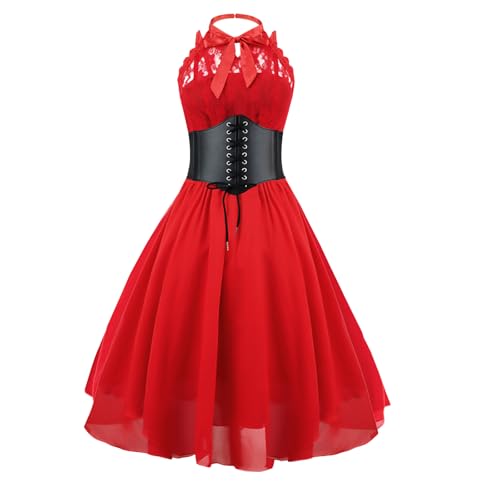 GOLDSTITCH Damen Ärmelloses Gothic Spitzenkleid mit Korsett Halfter Spitze Swing Cocktailkleid
