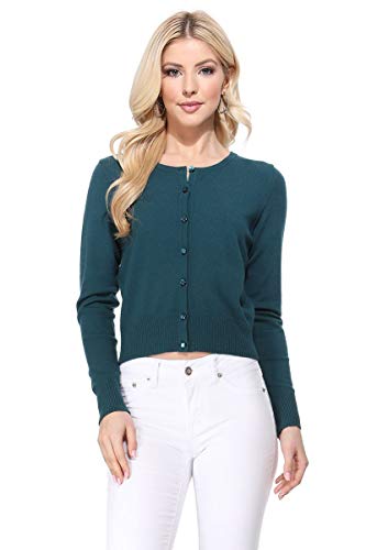 Image of Women's Cropped Cardigan Sweater - Long Sleeve Crewneck Basic Classic Casual Button Down Knit Soft Lightweight Top