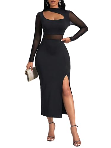 Milumia Women's Cut Out Mock Neck Mesh Dress Slit Hem Long Sleeve Bodycon Maxi Dresses Black Small