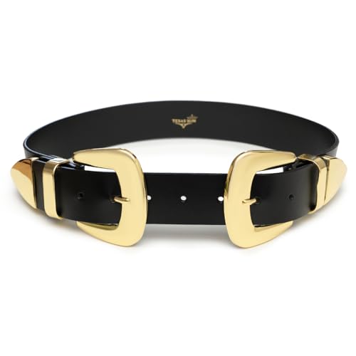 Texas Sun Double Buckle Western Waist Belt for Women – Boho Cowgirl Waist Belt – Leather Belt for Dresses, Country Concerts Outfits - Black, Large