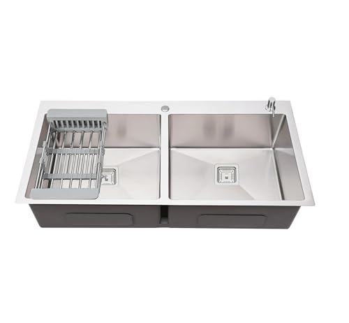 Image of Fossa 37 inchx18 inchx10 inch 5-Year Warranty Premium Stainless Steel Double Bowl Kitchen Sink | Topmount Sink with Tap Hole, Drain Basket, Soap Dispenser & Strainer | Silver (Matte Finish)