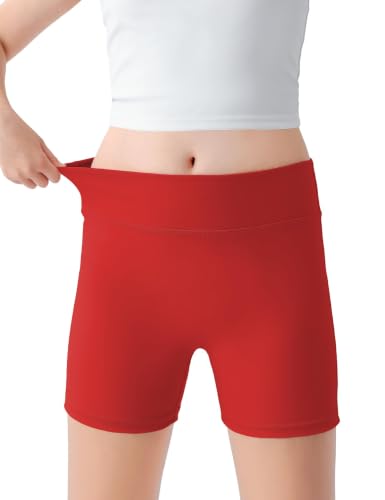 Girls Biker Shorts High Waisted 4-Way Stretch Spandex Tagless Flat Waistband No Front Seam for Gymnastics Dance Volleyball Red 7-8Y