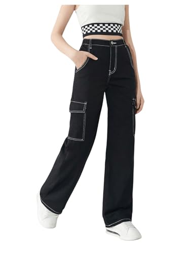 WDIRARA Girl's High Waist Zip Up Denim Pants Straight Leg Cargo Jeans with Pockets4