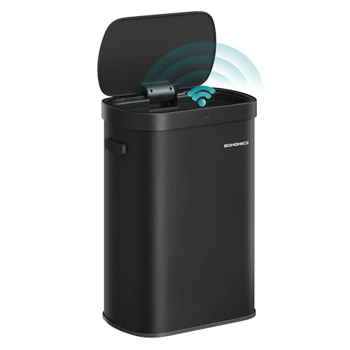 SONGMICS Mülleimer mit Sensor, automatischer Abfalleimer 50 L, Öffnen per Handbewegung oder Berühren, Softclose-Deckel, Stahl, inkl. 15 Müllbeutel, tintenschwarz LTB640B02