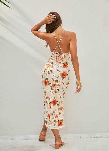ZAFUL Womens Summer Floral Spaghetti Midi Dresses 2025 Sexy V Neck Sleeveless Drawstring Ruched Split Backless Cocktail Dress3