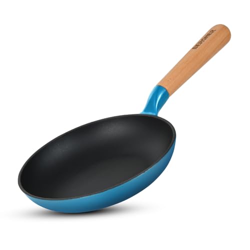 Image of BERGNER Excalibur Lightweight Cast Iron Frypan 18cm, Sturdy Wooden Handle, Non-Stick Coating, PFAS Free, Perfect Heat Distribution, Elegant Design - Induction and Gas Stove Ready (Blue)