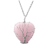 top plaza natural rose quartz healing crystal necklace silver tree of life wire wrapped heart shape stone pendant for womens girls ladies