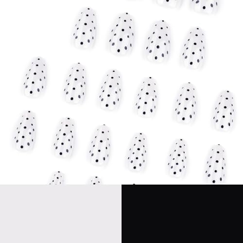 Image of Polka Dots Nails Press ons White Fake Nails Medium Almond False Nail Glossy Full Cover Glue on Nail Reusable Artificial Acrylic Stick on Nail for Women Manicure 24Pcs