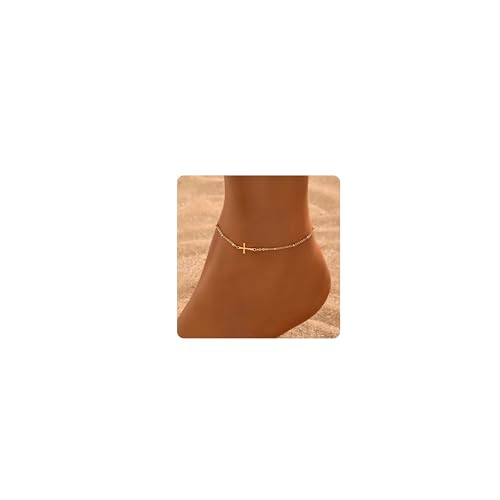 Image of NONAMOIS Ankle Bracelets for Women Dainty 18K Gold Plated Anklet Waterproof Round Beaded Paperclip Herringbone Pearl Chain Anklets Waterproof Beach Foot Jewelry