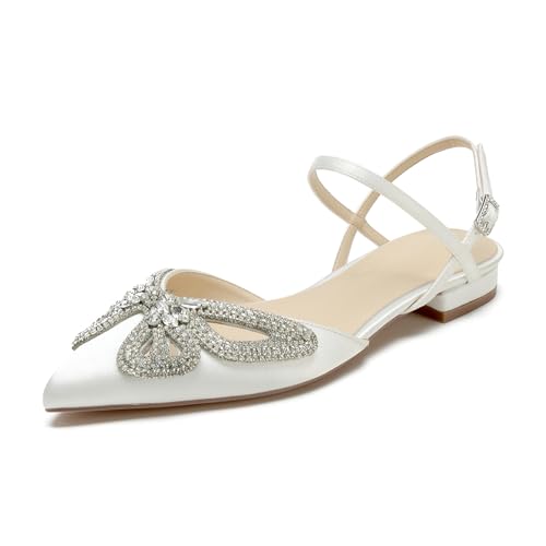 Women's Slingback Flats Rhinestones Bow Flat Pumps for Women Pointed Toe Comfort Flat Wedding Dress Shoes Sandals