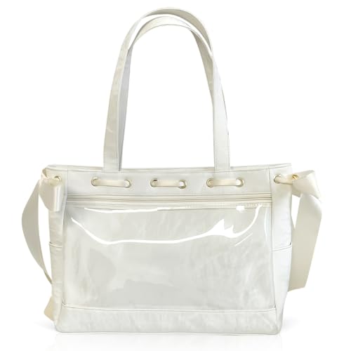 [SmartMaster] 痛バッグ 痛バ マーブル柄サテン クリアバッグ トートバッグ 蝶結び レースアップ 推し活 オタ活 お出かけ ライブ 人気 アニメ ギフト A4 対応 ホワイト レディース