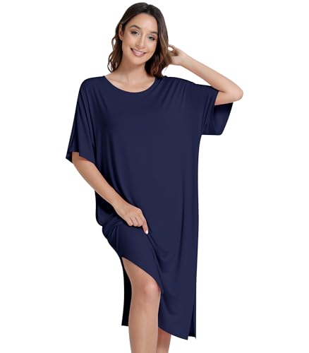 Image of NACHILA Women's Nightgowns-Viscose Made from Bamboo, Soft Sleepshirts Half Sleeve Nightshirt Cool Sleepdress with Pockets