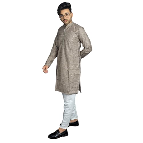 RC FASHIONS Men's Embroidered Sequined Kurta with White Pyjama Set Indian Traditional Party Wear Outfit (Web Gray, S)