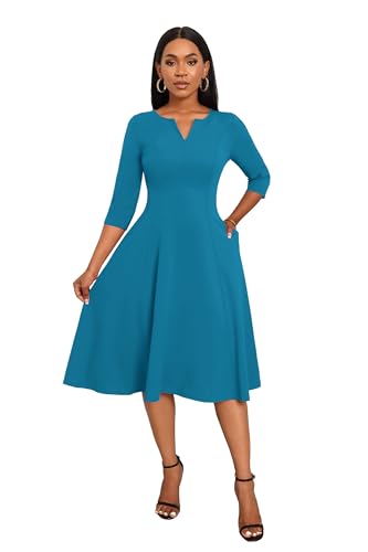 Image of Nmoder Midi Dresses for Women A-Line Fit and Flare Dress 3 /4 Sleeve V Neck Cocktail Wedding Guest Work Dress with Pockets
