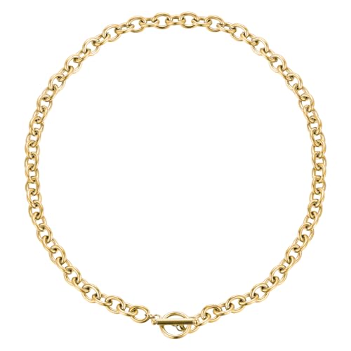 Emibele Chunky Gold Necklace for Women, 18K Gold Plated Stainless Steel Non Tarnish Thick Chain Necklace with OT Toggle, Fashion Jewelry Gifts for Valentine's Mothers Day